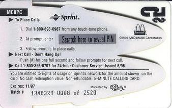 1996 Classic McDonald's - $5 Phone Cards #MC8PC Ronald & Grimace Back