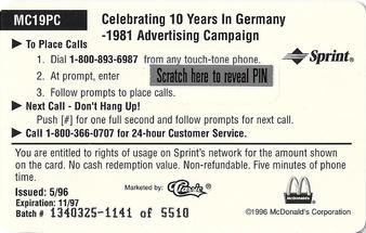 1996 Classic McDonald's - $5 Phone Cards #MC19PC Celebrating 10 Years In Germany - 1981 Advertising Campaign Back