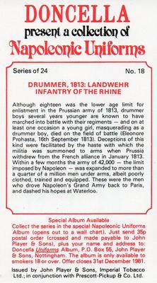 1979 Player's Doncella Napoleonic Uniforms #18 Drummer, 1813: Landwehr Infantry of the Rhine Back