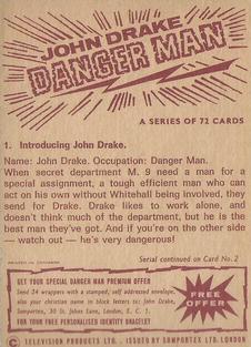 1965 Somportex Danger Man #1 Introducing John Drake. Back