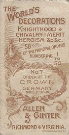 1890 Allen & Ginter The World's Decorations (N30) #7 Order of the Crown Germany Back