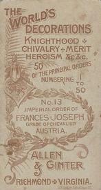 1890 Allen & Ginter The World's Decorations (N30) #13 Imp. Order of Frances Joseph of Austria Back