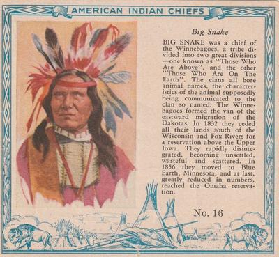 1954 Red Man American Indian Chiefs (T129) #16 Big Snake Front