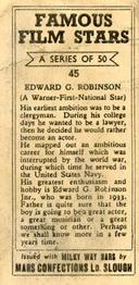 1939 Milky Way Famous Film Stars #45 Edward G. Robinson Back