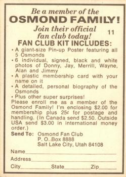 1973 Donruss The Osmonds #11 Fan Club Back