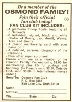 1973 Donruss The Osmonds #66 Fan Club Back