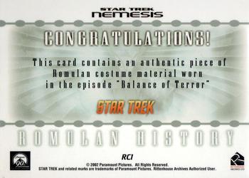 2002 Rittenhouse Star Trek: Nemesis - Case Toppers #RC1 Romulan History Back