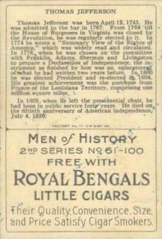 1911 American Tobacco Company Heroes of History / Men of History (T68) - Royal Bengals, Factory No. 17 #NNO President Thomas Jefferson Back