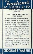 1937 Facchino's Chocolate Wafers How or Why #49 Why can a cat see in the dark? Back