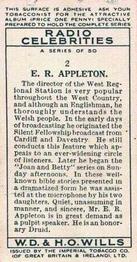 1934 Wills's Radio Celebrities #2 E. R. Appleton Back