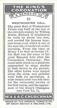 1937 Churchman's The King’s Coronation #10 Westminster Hall Back