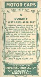 1924 Imperial Tobacco Co. of Canada (ITC) Motor Cars (C22) #8 Durant Back