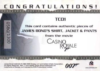 2008 Rittenhouse James Bond In Motion - Costume Triple Relics #TC01 James Bond Back