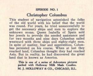 1930-39 M.J. Holloway & Co. Adventure Pictures (R2) #1 Christopher Columbus Back