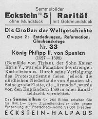 1934 Eckstein-Halpaus Die Grossen der Weltgeschichte (The Greats of World History) #33 Konig Philipp II von Spanien Back