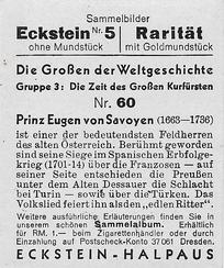 1934 Eckstein-Halpaus Die Grossen der Weltgeschichte (The Greats of World History) #60 Prinz Eugen von Savoyen Back