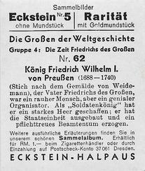 1934 Eckstein-Halpaus Die Grossen der Weltgeschichte (The Greats of World History) #62 Konig Friedrich Wilhelm I von Preussen Back