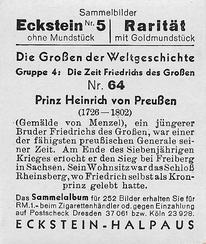 1934 Eckstein-Halpaus Die Grossen der Weltgeschichte (The Greats of World History) #64 Prinz Heinrich von Preussen Back