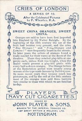 1912 Player's Cries of London (Large) #NNO Sweet China Oranges, Sweet China Back