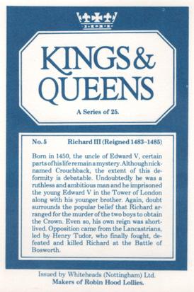 1980 Whiteheads Kings & Queens #5 Richard III Back