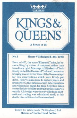 1980 Whiteheads Kings & Queens #6 Henry VII Back