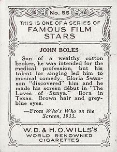 1933 Wills's Famous Film Stars (Medium Size) #55 John Boles Back