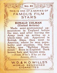 1933 Wills's Famous Film Stars (Medium Size) #81 Ronald Colman Back