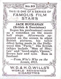 1933 Wills's Famous Film Stars (Medium Size) #93 Jack Buchanan Back