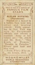 1933 Wills's Famous Film Stars (Small Images) #24 Miriam Hopkins Back