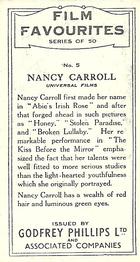 1934 Godfrey Phillips Film Favourites #5 Nancy Carroll Back