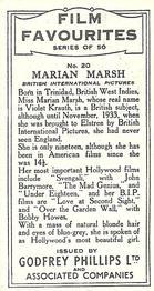 1934 Godfrey Phillips Film Favourites #20 Marian Marsh Back