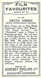 1934 Godfrey Phillips Film Favourites #36 Greta Nissen Back