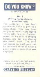 1965 Ovaltine Biscuits Do You Know? #1 Why a horse-shoe is used for luck Back
