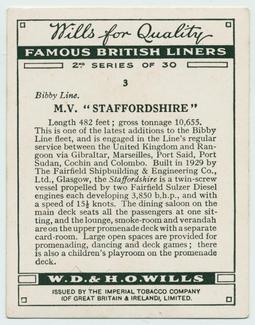 1935 Wills's Famous British Liners (2nd Series) #3 MV Staffordshire Back