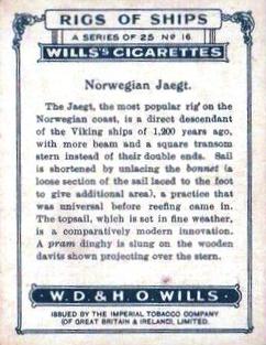 1929 Wills's Rigs of Ships #16 Norwegian Jaegt Back
