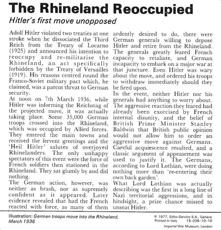 1977 Edito-Service World War II - Deck 10 #13-036-10-10 The Rhineland Reoccupied Back