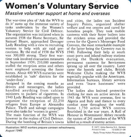 1977 Edito-Service World War II - Deck 21 #13-036-21-06 Women's Voluntary Service Back