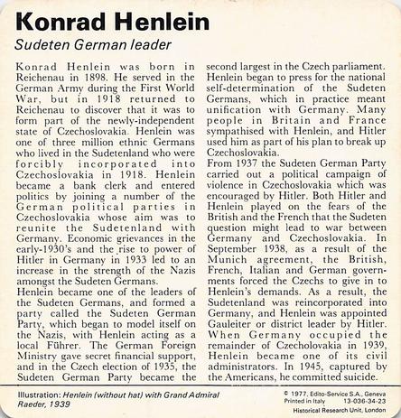 1977 Edito-Service World War II - Deck 34 #13-036-34-23 Konrad Henlein Back