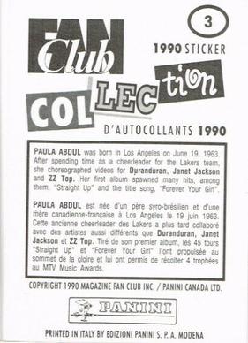 1990 Panini Fan Club Collection Pop Star Stickers #3 Paula Abdul Back