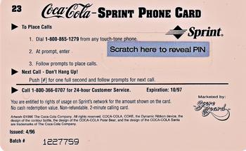 1996 Score Board Coca-Cola Sprint Phone Cards - $2 Phone Cards #23 Thirst knows no season Back