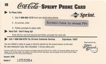 1996 Score Board Coca-Cola Sprint Phone Cards - $1 Phone Cards #10 USO Hostess Back