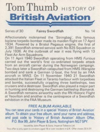1988 Player's Tom Thumb History of British Aviation #14 Fairey Swordfish Back