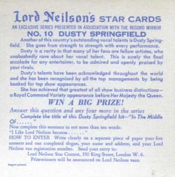 1966 Lord Neilson's Star Cards #10 Dusty Springfield Back