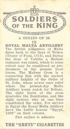 1937 Greys Cigarettes Soldiers of the King #15 Royal Malta Artillery Back