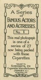1929 Simonets Famous Actors & Actresses #1 Jack Holt Back