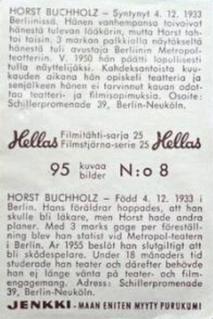 1963 Hellas Filmitahti-sarja 25 #8 Horst Buchholz Back