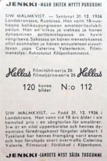 1964 Hellas Filmitahti-sarja 26 #112 Siw Malmkvist Back