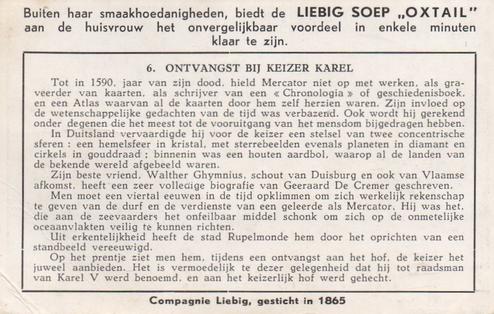1952 Liebig Melcator, Belgisch Geleerde (Mercator, Belgian Scholar) (Dutch Text) (F1547, S1540) #6 Ontvangst bij keizer Karel Back