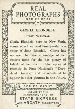 1938 Ardath Photocards Series 8 #2 Gloria Blondell Back