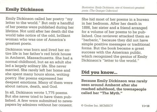 1994-01 Grolier Story of America #11.18 Emily Dickinson Back